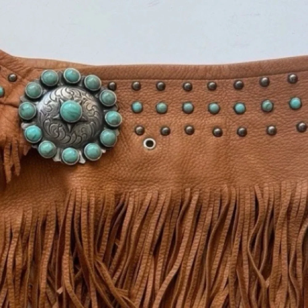 Tan Fringe Leather Waist Belt with Turquoise Accent